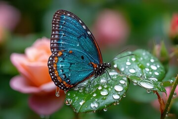 Obraz premium Blue Butterfly on Dewy Leaf with Peach Rose