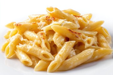 Golden Pasta Perfection: A close-up shot showcases a generous serving of perfectly cooked pasta, its golden hue enhanced by a creamy sauce and a sprinkle of Parmesan cheese.