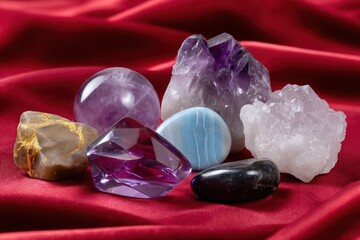 Gemstone Collection on Velvet: A captivating assortment of lustrous gemstones, artfully arranged on a luxurious velvet surface, radiating an aura of elegance and allure.