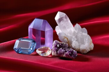 Shine of Minerals: A collection of vibrant gemstones and crystals shines brilliantly against a backdrop of luxurious fabric, each stone a testament to the raw beauty of the earth.