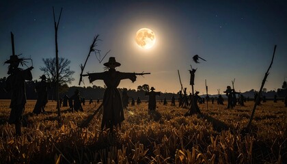 Fototapeta premium Eerie Night A Vast Field of Silhouetted Scarecrows Stands Guard Under the Radiant Glow of a Full Moon, Creating a Mysterious and Atmospheric Rural Landscape