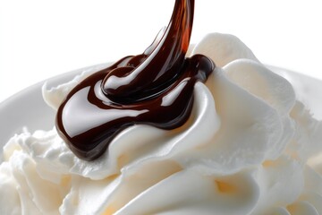 Delectable Chocolate Drizzle: A close-up captures the alluring moment as luscious chocolate syrup cascades over a fluffy swirl of whipped cream, creating a sensory feast of texture and taste. 