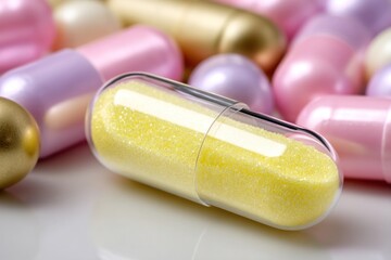 Pill Close-up: A vibrant, yellow capsule takes center stage, showcasing the intricate details of its form, surrounded by an array of other colorful pills, all evoking the essence of health and remedy.