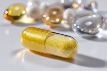 Capsule in Focus: A close-up image showcases a single, golden capsule with a translucent shell, highlighting the intricate details of the medicine and the promise of health.