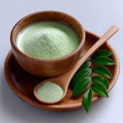 Matcha Harmony: Matcha powder is artfully presented in a wooden bowl, accompanied by a wooden spoon and fresh green leaves, symbolizing tranquility, health.