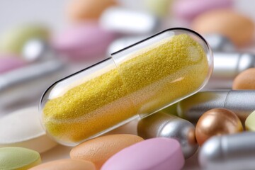 Pills and Capsules: A close-up shot of various colorful pills and capsules, a visual representation of medication and health, providing a snapshot of modern medicine and healthcare