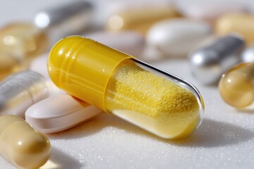 Capsule in the Spotlight: An alluring close-up of a yellow capsule, meticulously composed, surrounded by an array of similar items on a clean and inviting backdrop.