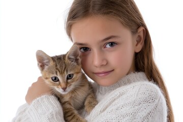 Warm Embrace: A young girl tenderly cradles a sweet kitten, creating a heartwarming tableau of love and companionship, highlighting the special bond between humans and their pets.