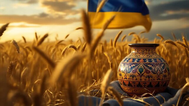 Ukrainian Heritage A Glimpse of Tradition and Resilience in a Wheat Field with the National Flag - Powered by Adobe