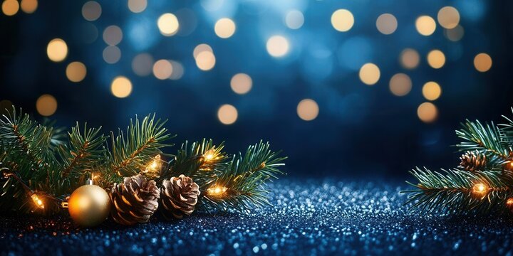 Glowing christmas lights adorning fir tree branches against a background of sparkling bokeh, evoking Winter a holiday and festive ambiance warm