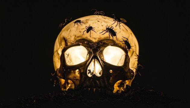 Creepy illuminated skull with spiders crawling on it against a dark background, a spooky Halloween decoration