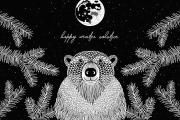 Hand Drawn Winter Solstice Illustration with Moon and Bear