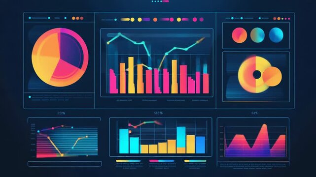 Modern business dashboard showing colorful pie charts and bar graphs for data analysis