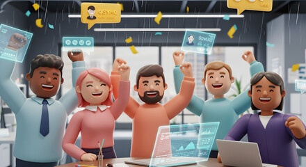 Cartoon Style Group of Diverse Colleagues Celebrating Project Success with Holographic Technology in an Animated Office Setting