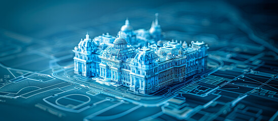 3D building model on city map, blueprint background