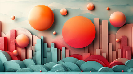 3D Cityscape with Abstract Shapes and Mountain Backdrop