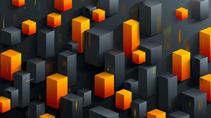 3D orange & black cubes abstract background with data streams