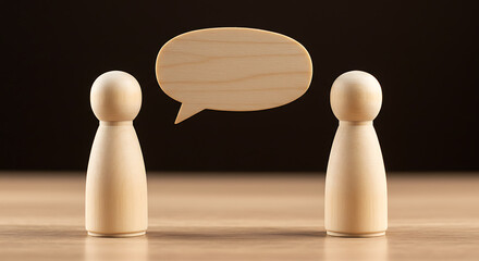 Two wooden peg dolls facing each other with a blank speech bubble above them, representing communication and conversation