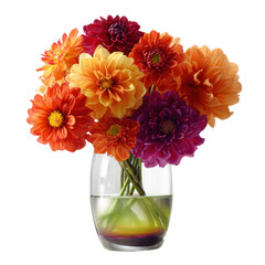 Fototapeta premium Vibrant dahlia bouquet in clear glass vase flowers floral, Isolated On Png Transparent Background