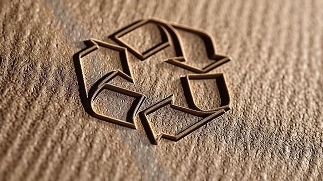 Recycling symbol embossed and engraved on brown cardboard for eco friendly packaging, sustainability, environment, awareness, risk management concept