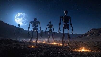 Mysterious Skeletons Emerge From a Rocky Landscape Under a Bright Full Moon