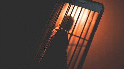 close up Smartphone glowing like a cage, trapping silhouette inside 