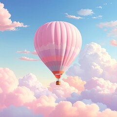 Obraz premium Illustration of colorful balloons on a blue sky with clouds on a white background