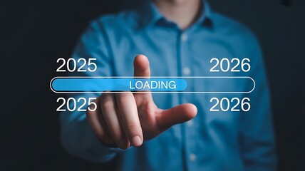 Person's finger interacting with futuristic loading bar transitioning from 2025 to 2026