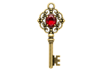 Ornate antique-style key with a vibrant red gemstone, set against a striking black backdrop.