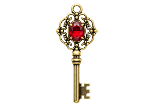 Ornate antique-style key with a vibrant red gemstone, set against a striking black backdrop.