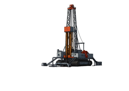 Isometric 3D Illustration Of A Drill Rig Equipment In Orange And Black With Transparent Background
