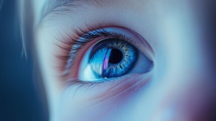Fototapeta premium Close up of child's eye. Child blinks his eyes in realistic video. Close up of a close up of a blue and purple color. A detailed view of lifestyle a child's eye.
