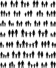 Silhouette set of diverse families with kids holding hands, perfect for family unity concepts, parenting designs, and community illustrations