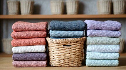 Stacked Towels and Wicker Basket