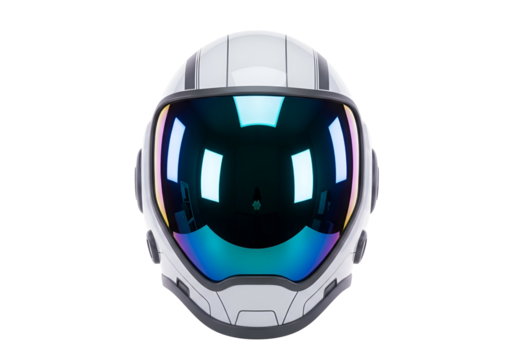 A futuristic, white spacesuit helmet with a multifaceted visor, reflecting vibrant hues, is presented against a stark black background.
