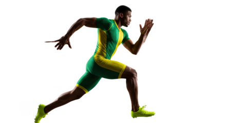 Dynamic side view of a professional male sprinter running.