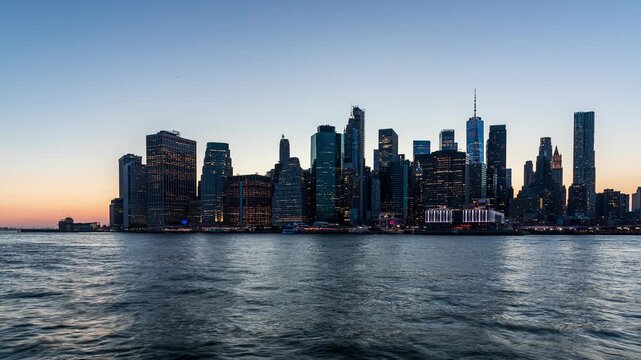 Lower Manhattan Skyline at Dusk from Brooklyn Bridge Park Timelapse