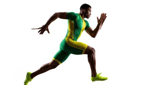 Dynamic side view of a professional male sprinter running.
