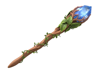 A stylized, wooden staff adorned with vibrant greenery and a luminous blue crystal, perfect for a fantasy setting.