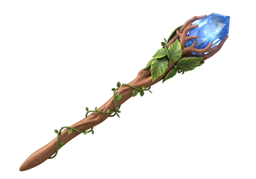 A stylized, wooden staff adorned with vibrant greenery and a luminous blue crystal, perfect for a fantasy setting. - Powered by Adobe