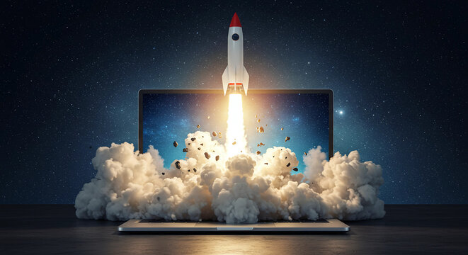 Innovative startup launch concept with a rocket blasting off from a laptop, symbolizing fast growth, new ideas, and technological advancement in a digital world