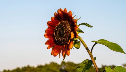 Vibrant red sunflower against a pale blue sky