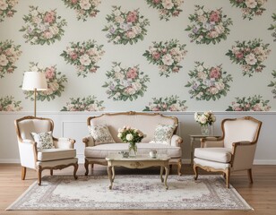 Retro living room with floral wallpaper