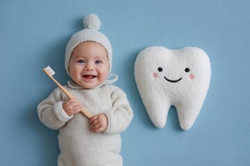 Baby Pediatric Dentistry. Happy Child With Toothbrush on Blue Background. Dental and Medicine Concept