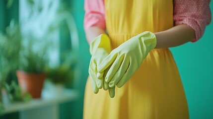 Woman in yellow dress holding yellow glove. Video of homemaker cleaning with rubber gloves. Field of green depth with a shallow backdrop of green depth. A woman wearing a yellow dress lifestyle is.