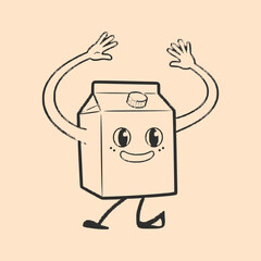 Vector art of a cheerful milk carton character with arms raised, ready to embrace the day with a smile, radiating positivity and a playful spirit on a light background