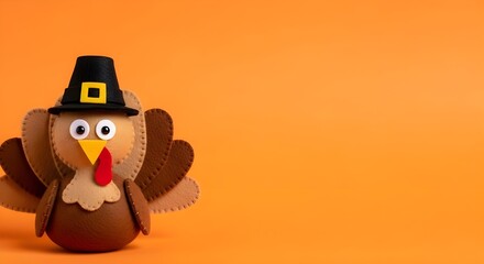Cute Felt Turkey Figurine wearing Pilgrim Hat on Solid Orange Background with Copy Space