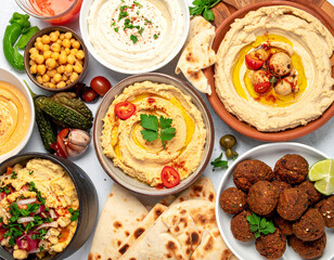 A vibrant spread of Middle Eastern food, including hummus, pita bread, and falafel, representing the diverse culinary landscape of Israel.