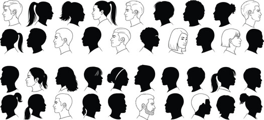 Black and white human head profile silhouettes and line drawings, diverse male and female side view faces for anatomy and design reference