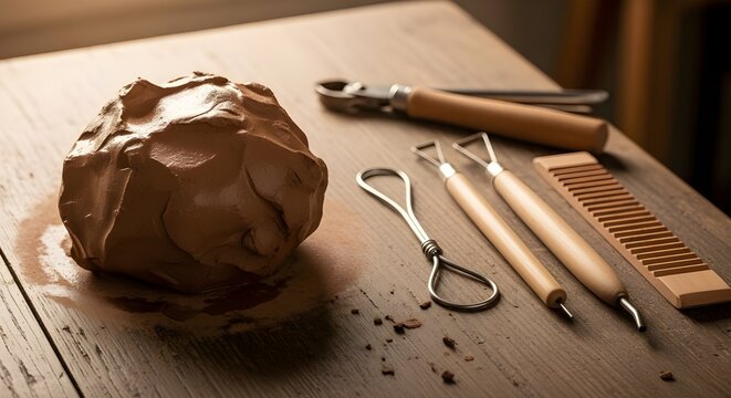 Clay lump and pottery tools on wooden table